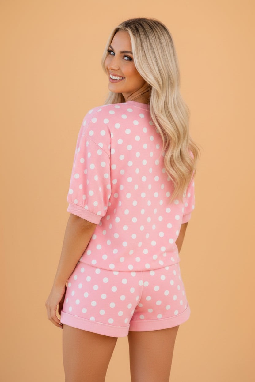 Polka Dot Oversized Top & Drawstring Shorts Set