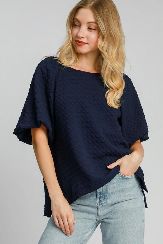 Umgee Full Size Boxy Cut Jacquard Round Neck Top with Side Slit Plus Size Dark Navy