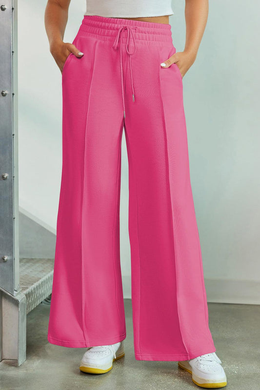 Drawstring Wide Leg Pants with Pockets Hot Pink