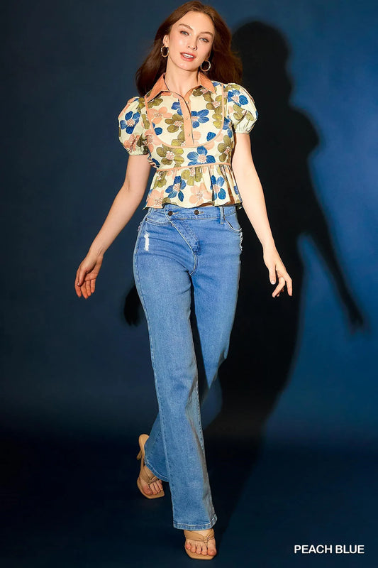 Umgee Floral Print Puff Sleeve Cropped Blouse PEACH BLUE