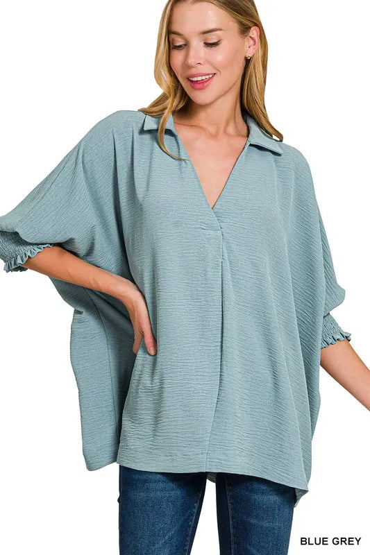 Zenana Airflow Collar Tee with Smocked Sleeve Band Top BLUE GREY