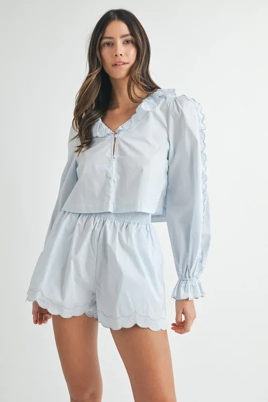 MABLE Long Sleeve Scallop Blouse and Shorts Set Lt Blue