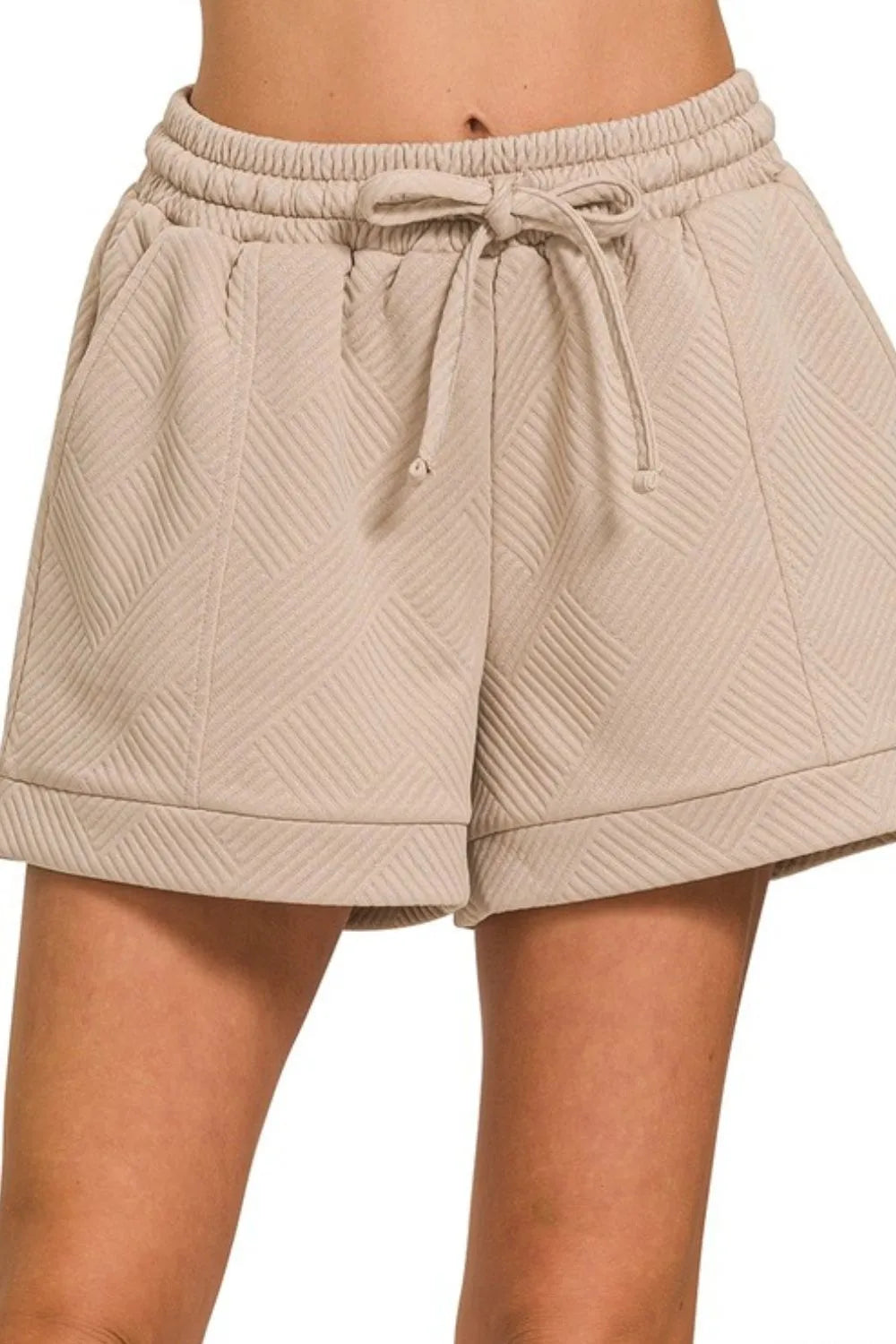 Zenana Textured Knit Jacquard Drawstring Shorts ASH MOCHA