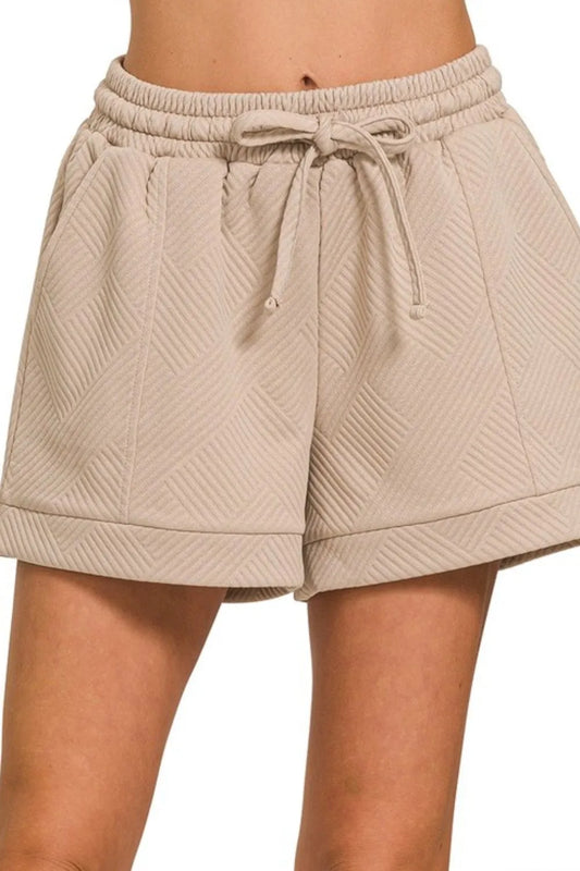 Zenana Textured Knit Jacquard Drawstring Shorts ASH MOCHA