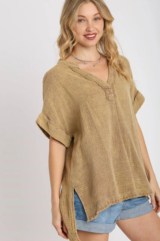 Umgee Full Size Side Slit Notched Mineral Wash Gauze Fabric Top Plus Size Camel