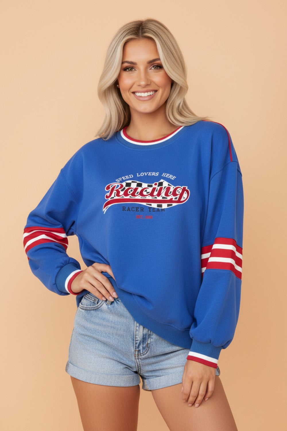 Racing Graphic Embroidered Patch Long Sleeve Sweatshirt