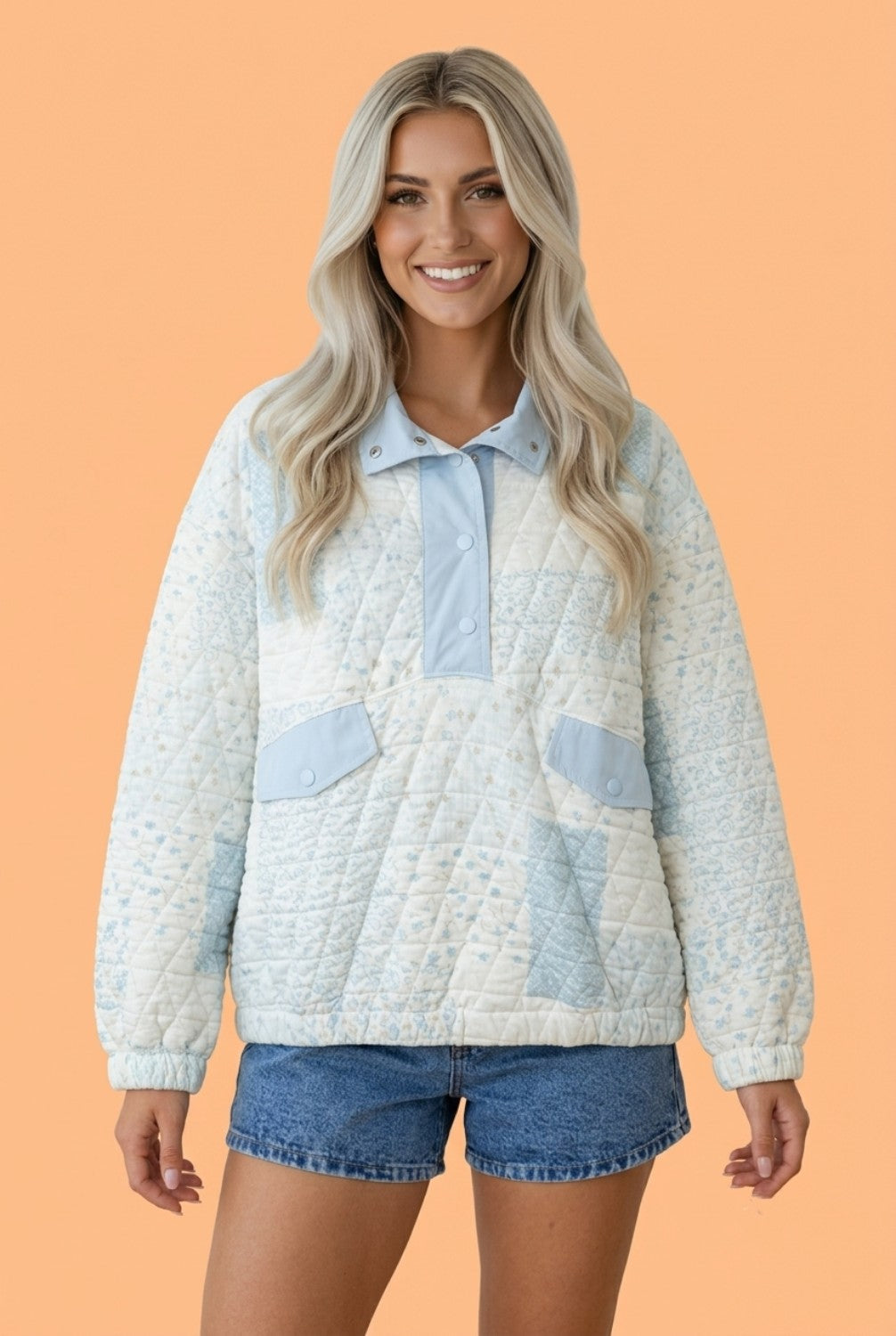 Floral Quilted Half Button Pocket Pullover Sweatshirt