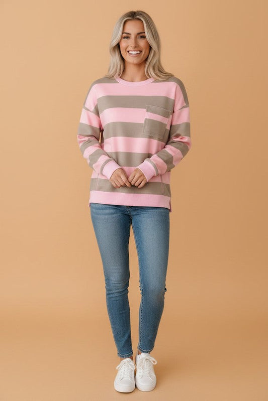Stripe Colorblock Patch Pocket Long Sleeve Oversized Sweatshirt