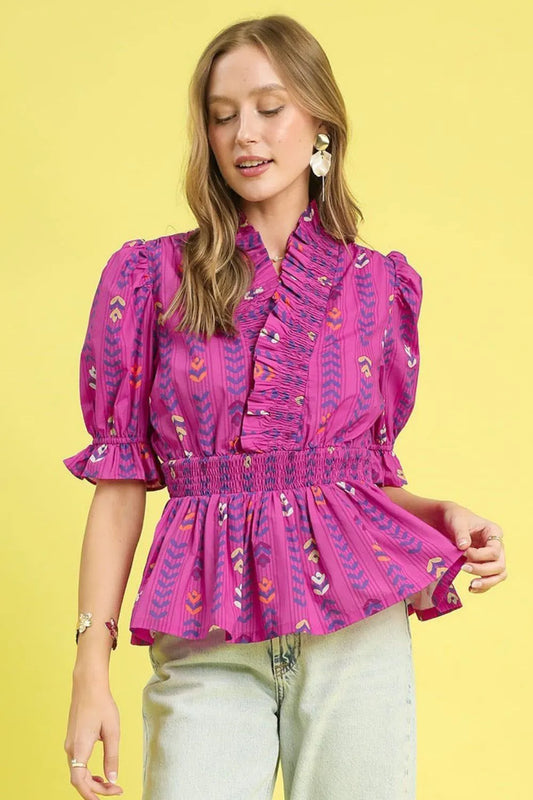 Umgee Printed Half Sleeve Peplum Blouse Red-Violet