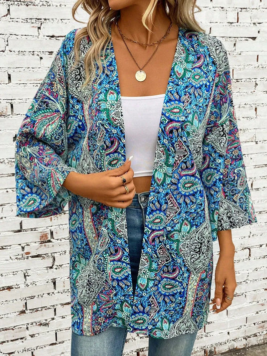 Printed Open Front Three-Quarter Sleeve Cover Up Teal One Size