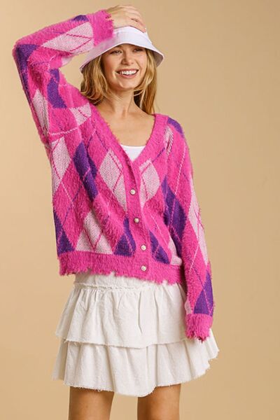 Umgee Full Size Argyle Pattern V-Neck Button Front Cardigan Plus Size Hot Pink