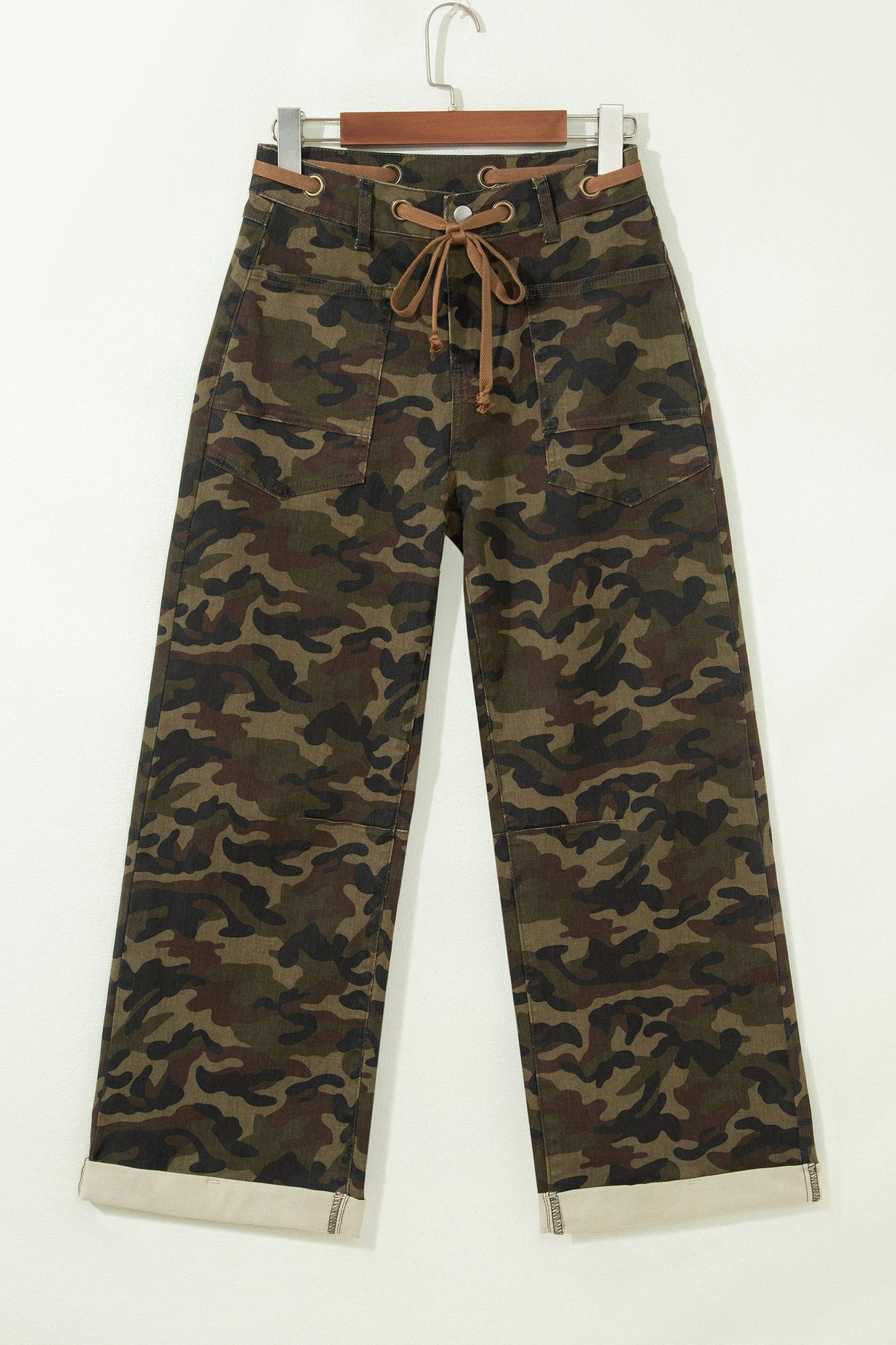 Camo Retro Grommet Tie Waist Loose Jeans