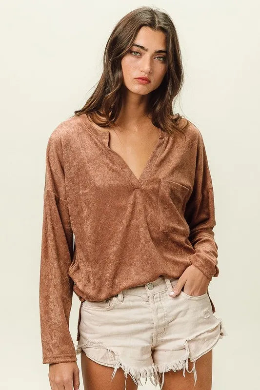 BiBi Loop Terry Solid V Neck Pocket Top CAMEL