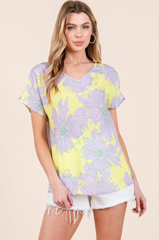 BOMBOM Floral Short Sleeve T-Shirt Lilac-Yellow
