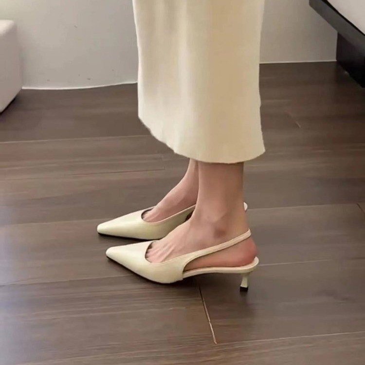 Point Toe Kitten Heel Slingback Pumps Beige
