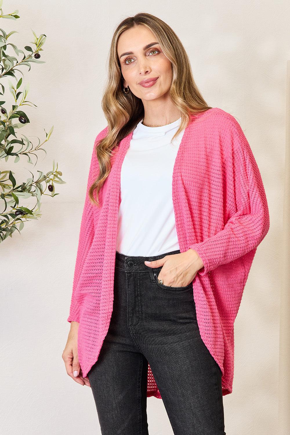 Heimish Full Size Open Front Long Sleeve Cardigan Pink