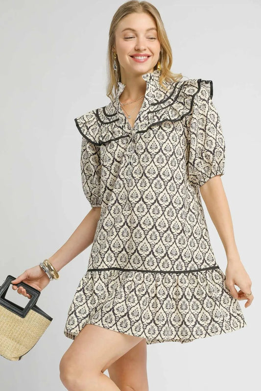 Umgee Ruffled Printed Puff Sleeve Mini Dress Black