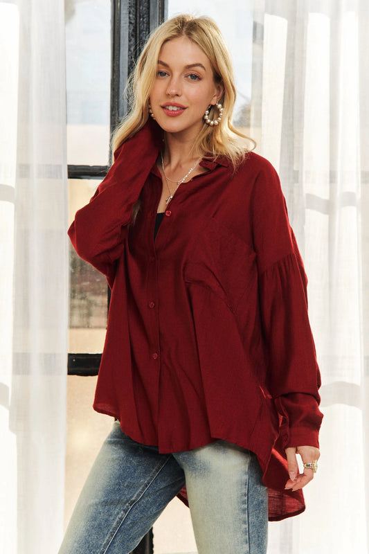 ADORA Button Down Linen Shirt BURGUNDY
