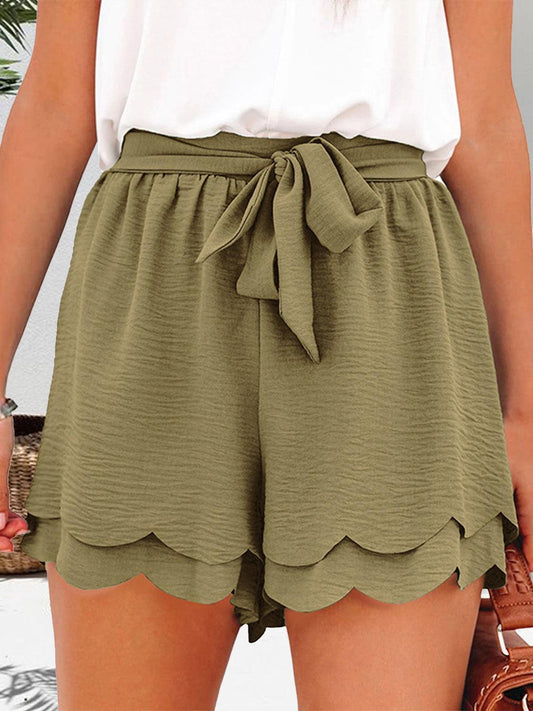 Tied Layered Scalloped Hem Shorts Moss