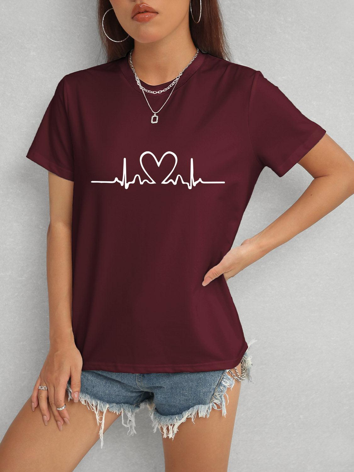 Heart Round Neck Short Sleeve T-Shirt Wine