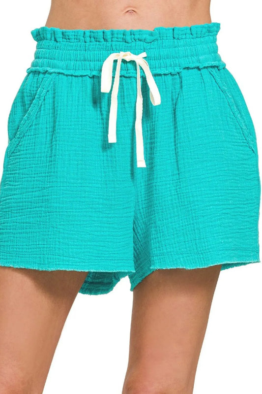 Zenana Double Gauze Elasticband Drawstring Waist Shorts TURQUOISE