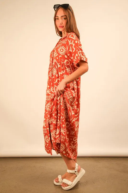 VERY J Oversized Printed Shirt Midi Dress