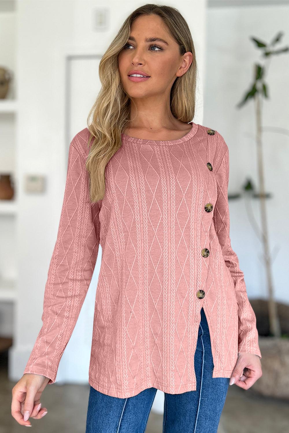 Slit Round Neck Long Sleeve T-Shirt Dusty Pink