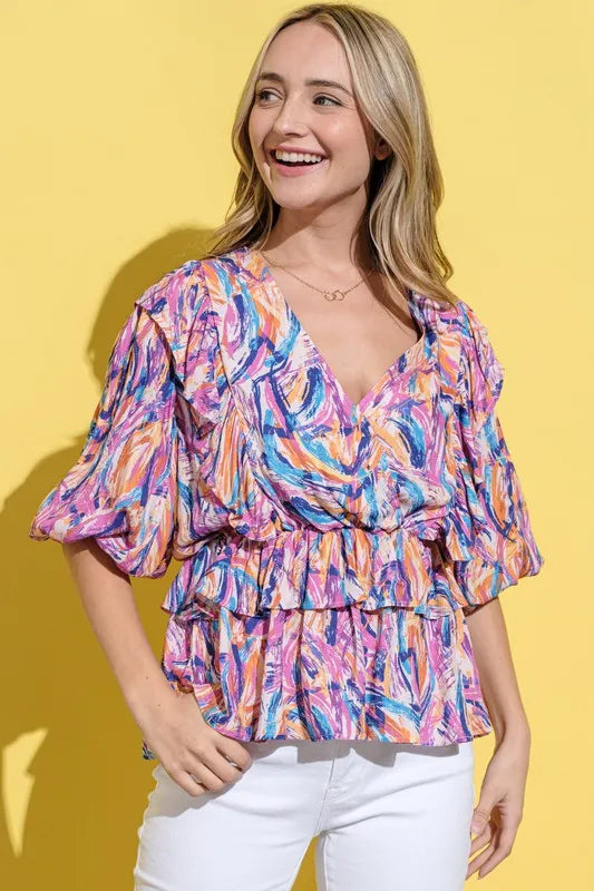 And The Why Printed Lantern Sleeve Blouse MAUVE MULTI