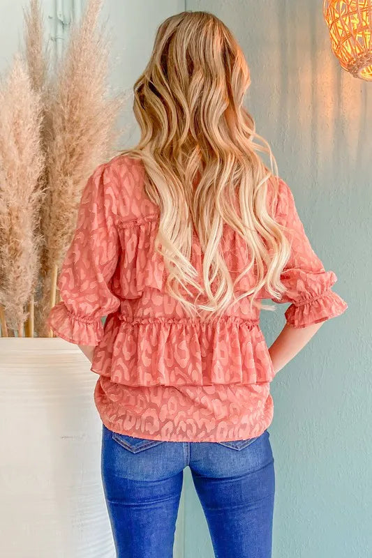 And The Why Leopard Tiered Ruffle Blouse Top
