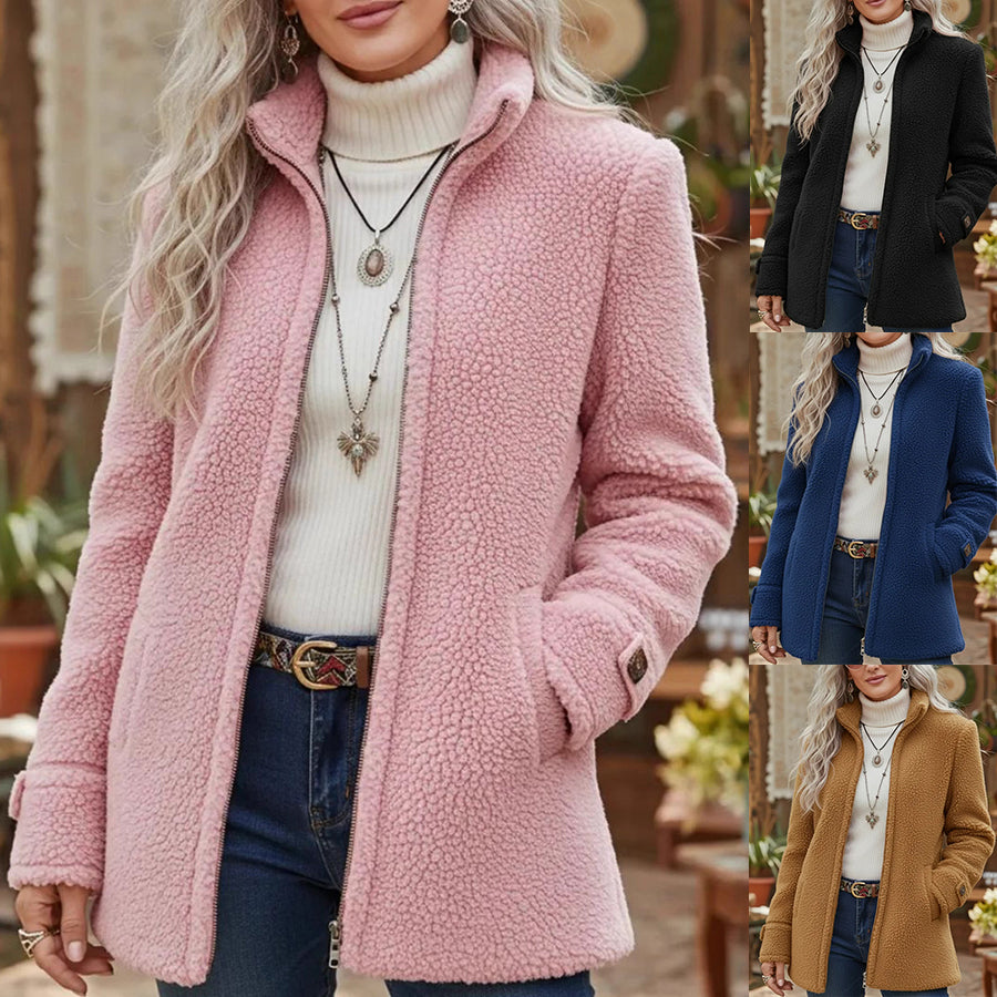 A woman models a pink sherpa fleece zip-up coat over a white turtleneck and blue jeans, with four smaller inset views on the right showing the same coat in black, blue, and tan colorways.
