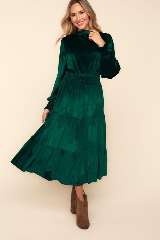 Haptics Mock Neck Smocked Waist Velvet Tiered Dress Hunter Green