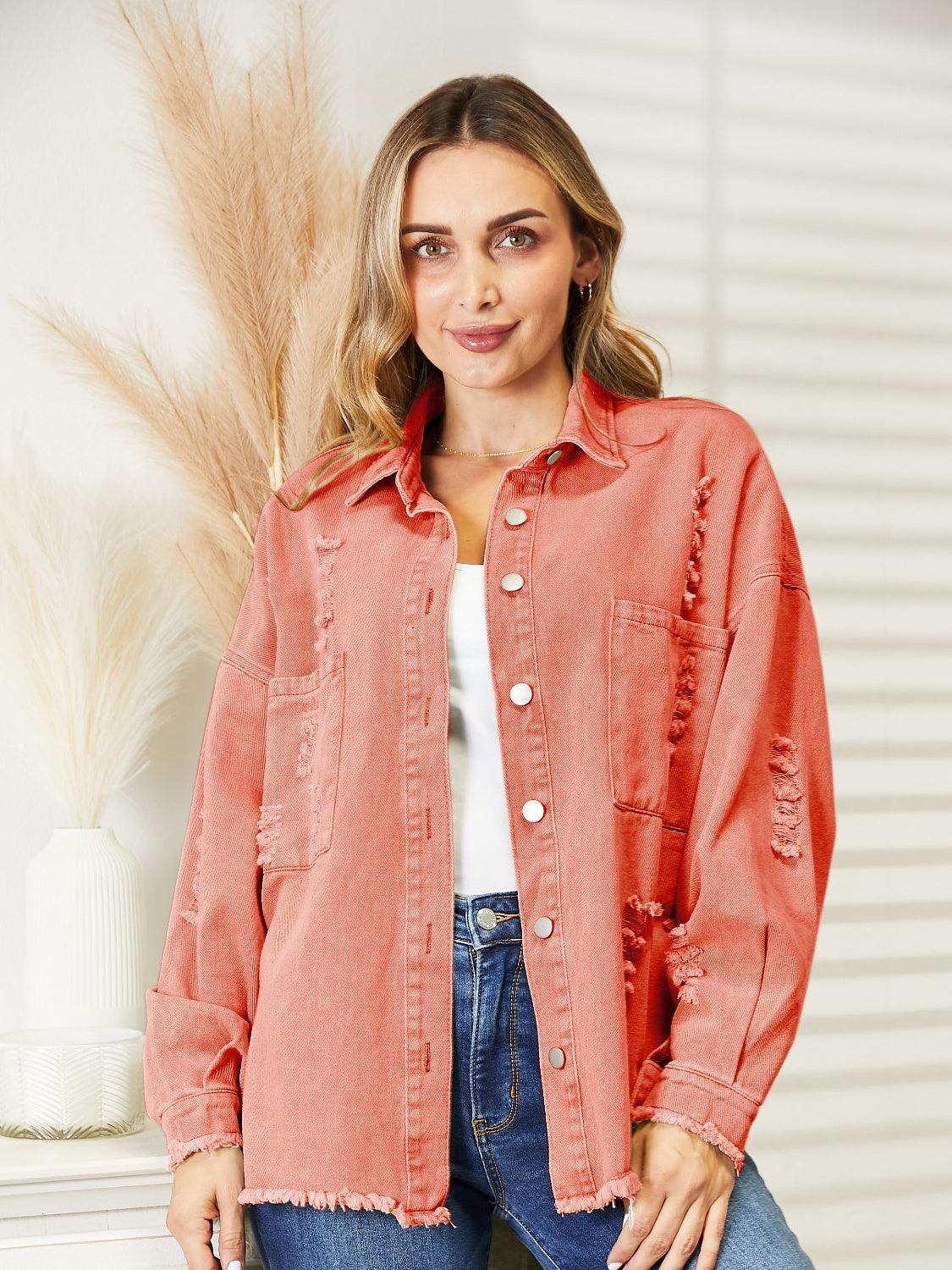 Distressed Raw Hem Denim Jacket Orange-Red