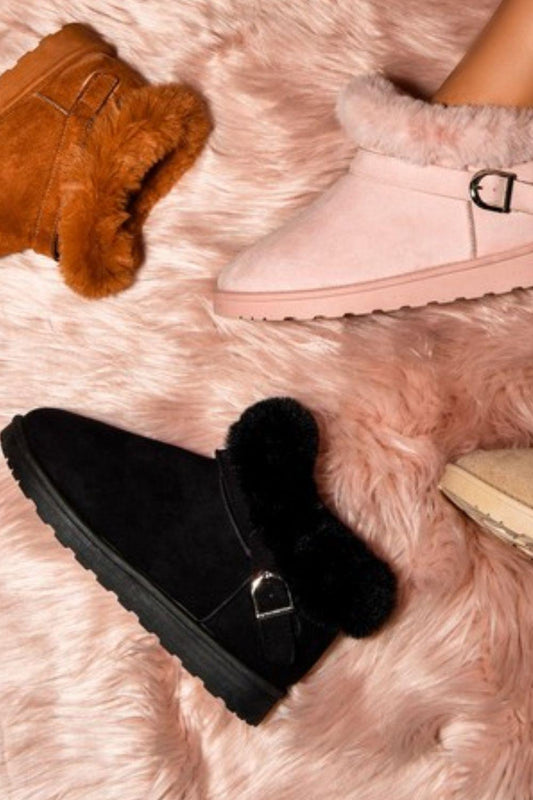 WILD DIVA Faux-Fur Buckle Round Toe Booties Black