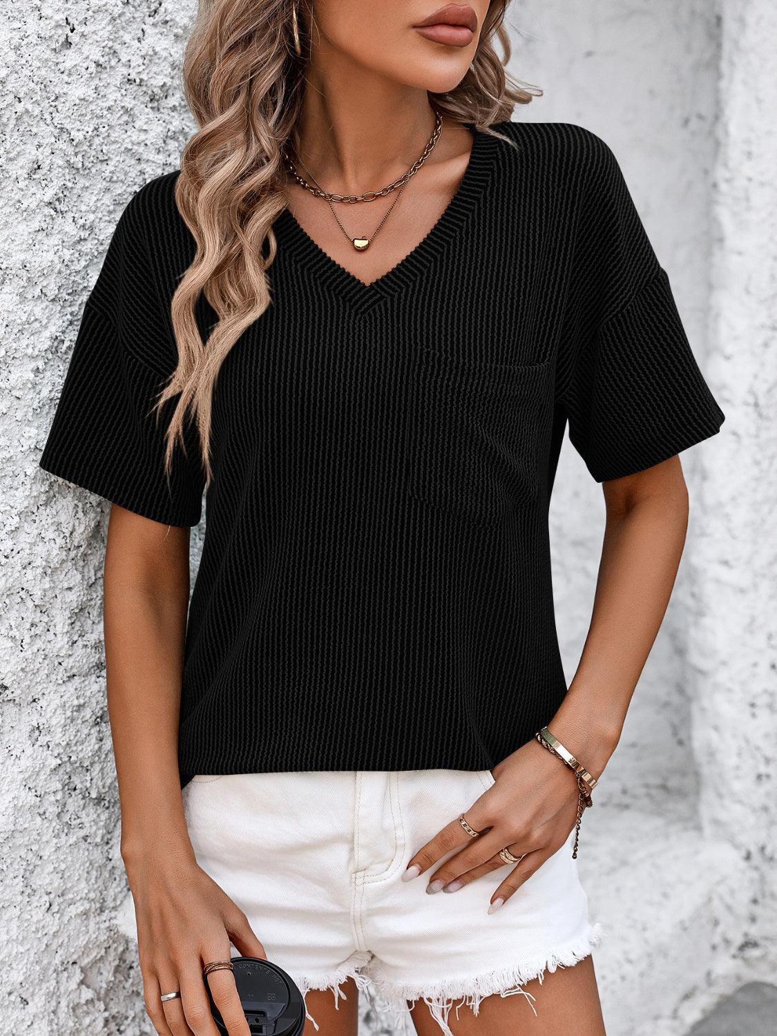 Mandy V-Neck Dropped Shoulder T-Shirt Black