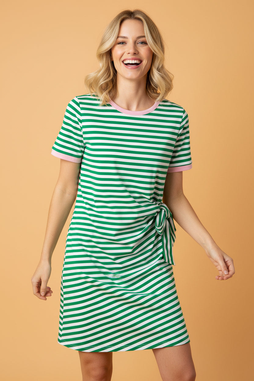 Stripe Contrast Trim Tie Waist Mini Dress
