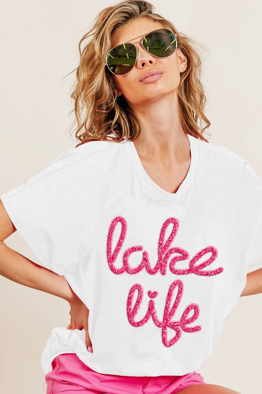 BiBi Metallic Letter Short Dolman Sleeve Top OFF WHITE
