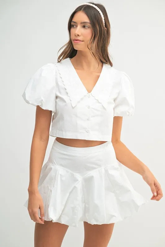 MABLE Puff Sleeve Button Down Top and Bubble Skirt Set