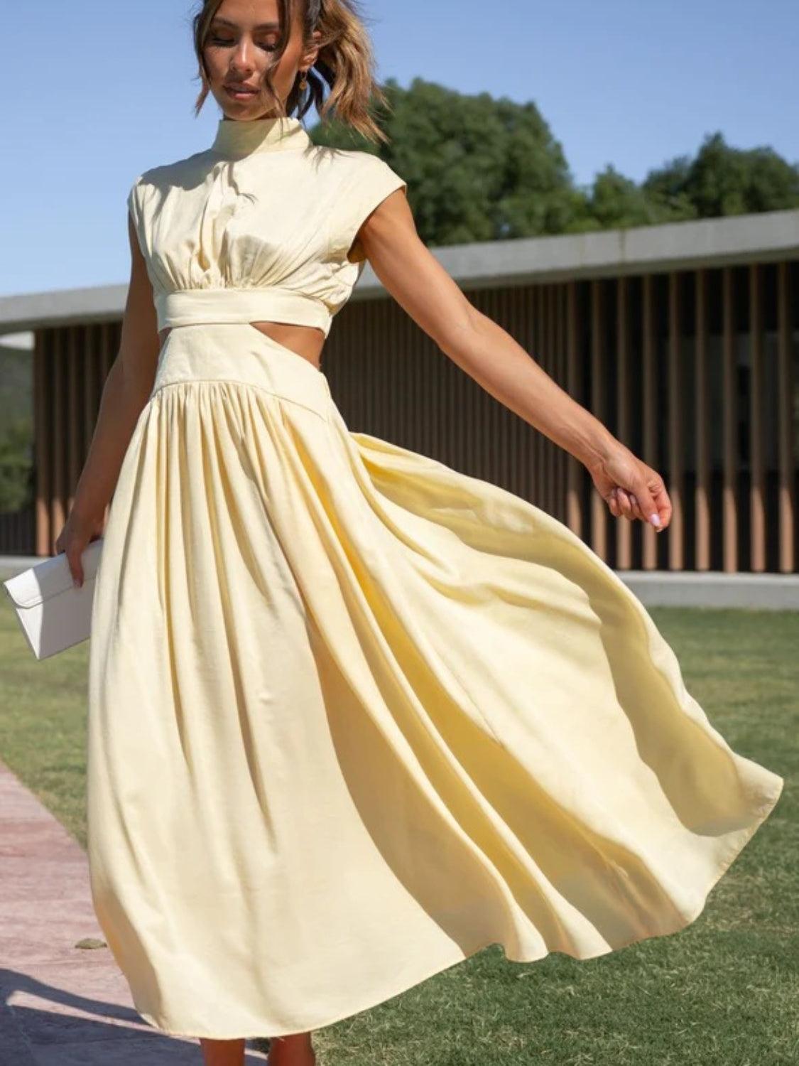 Cutout Mock Neck Sleeveless Ruched Dress Butter Yellow