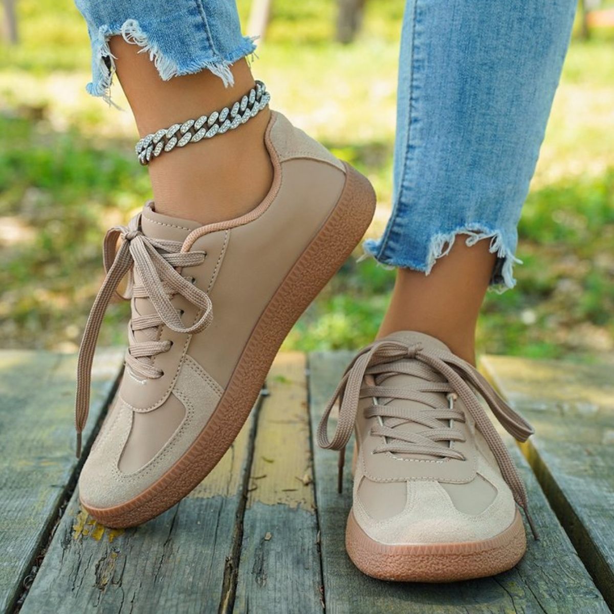 Round Toe Flats Sneakers Khaki
