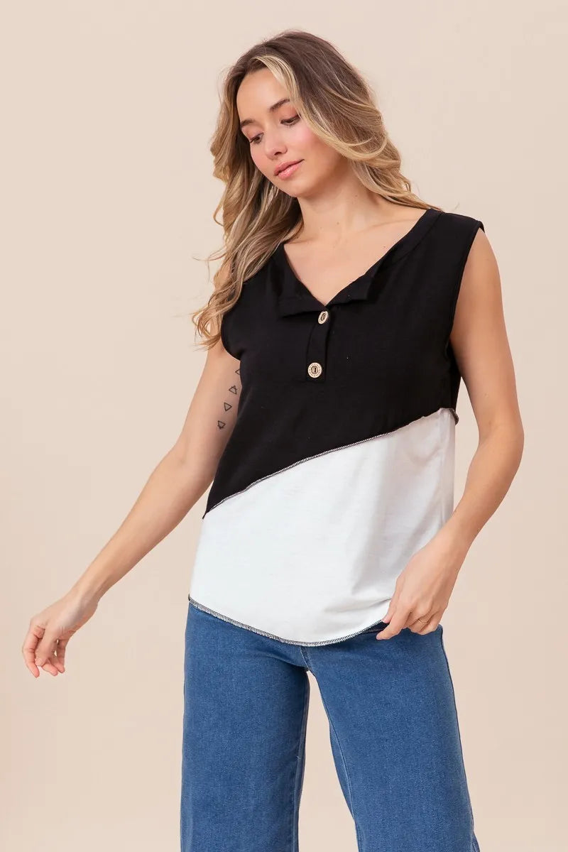 BiBi Color Block Contrast Stitching Buttoned Henley Top
