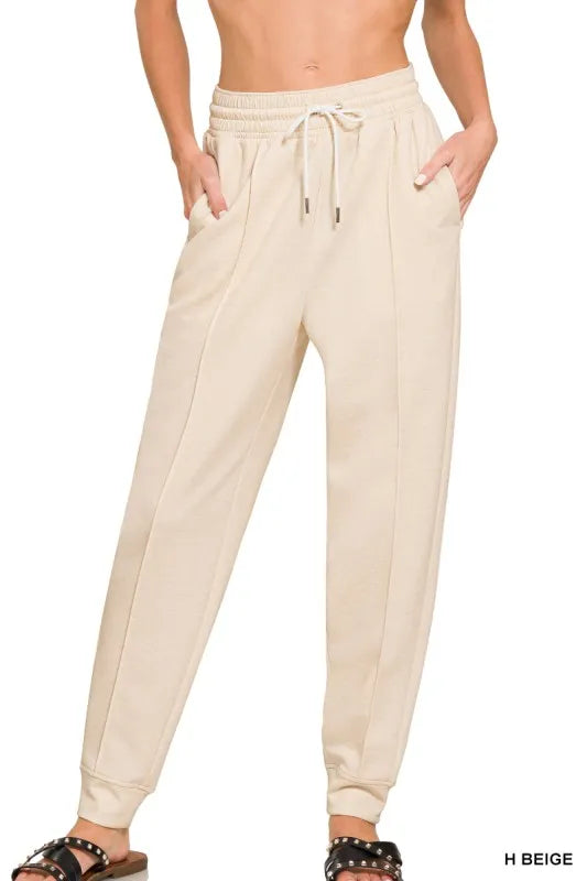 Zenana Drawstring Scuba Sweatpants with Pockets H BEIGE
