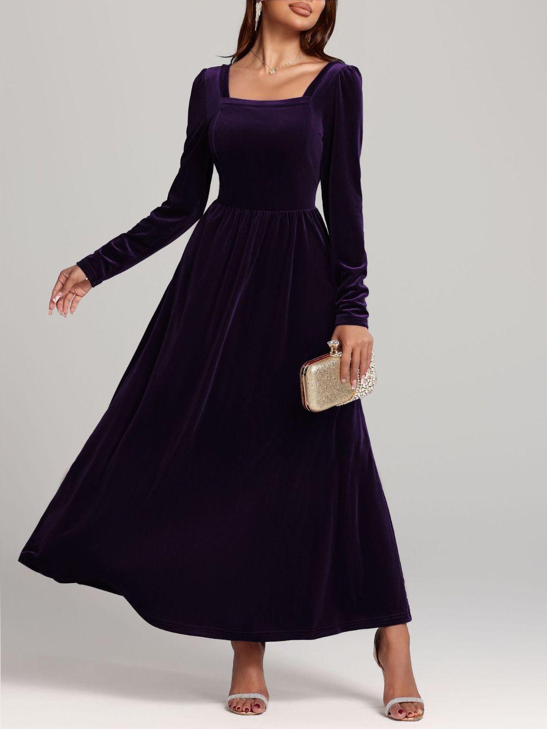 Velvet Square Neck Long Sleeve Dress Violet