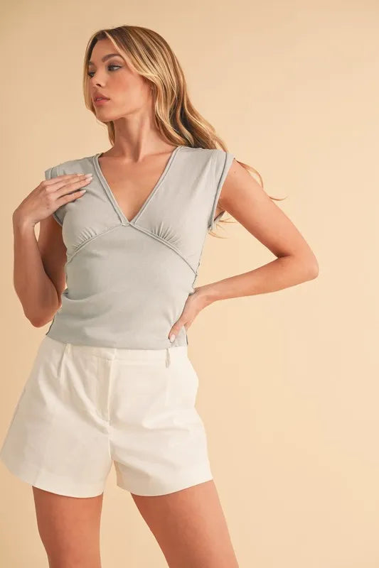 Aemi+Co V-Neck Cap Sleeve Cropped Top LIGHT WASH BLUE