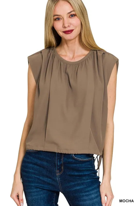 Zenana Woven Drawstring Tie Side Sleeveless Top