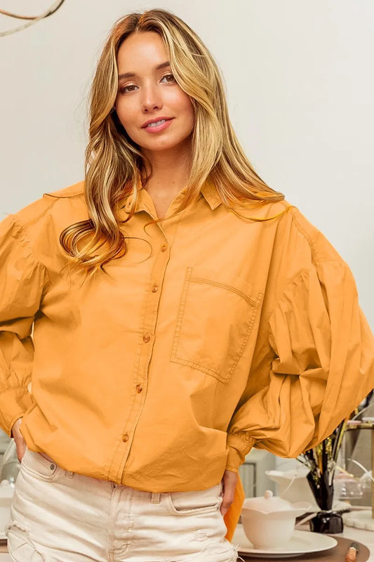 BiBi Vintage Washed Gathered Sleeve Oversized Shirt VINTAGE APRICOT