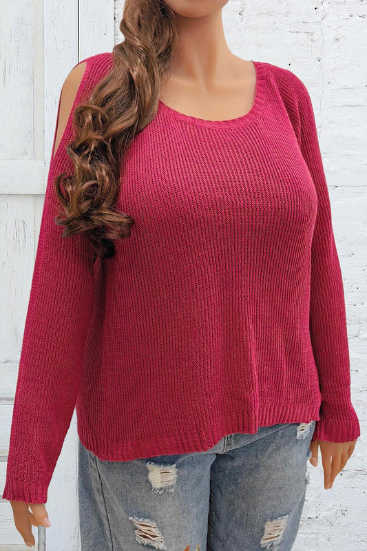 Plus Size Cold Shoulder Round Neck Sweater Deep Red