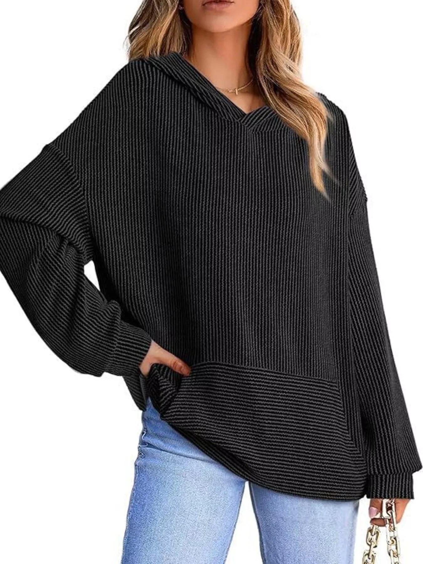 Ribbed Oversized Hoodie Sweatshirt with Pocket