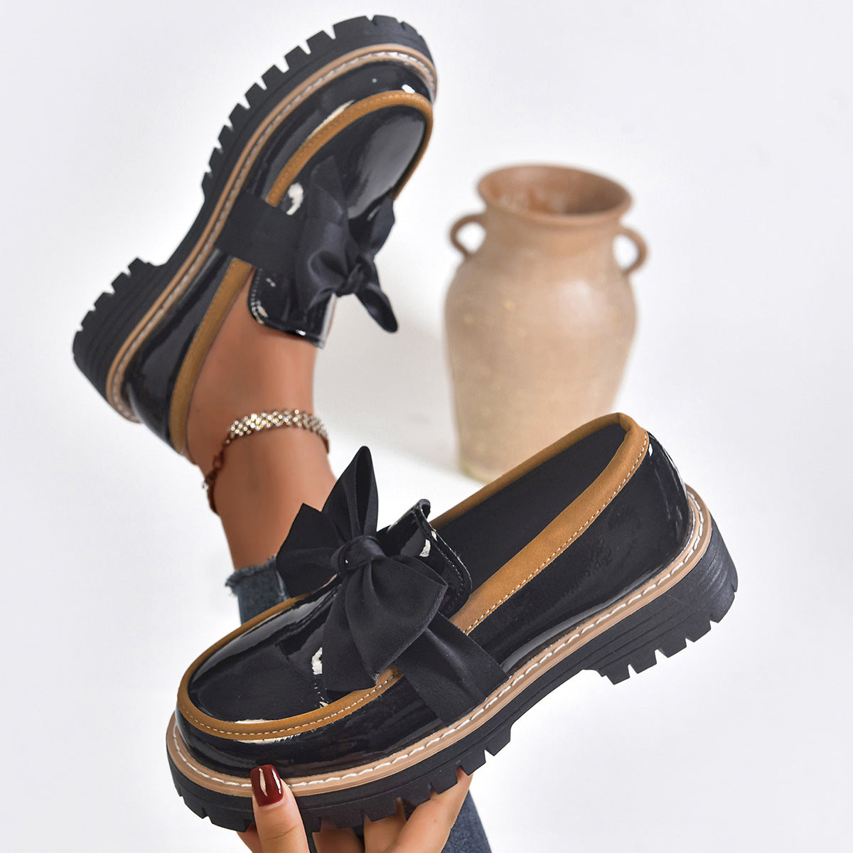 Women's Patent Leather Chunky Heel Loafers | Color-Block Slip-On Shoes EU 36–43