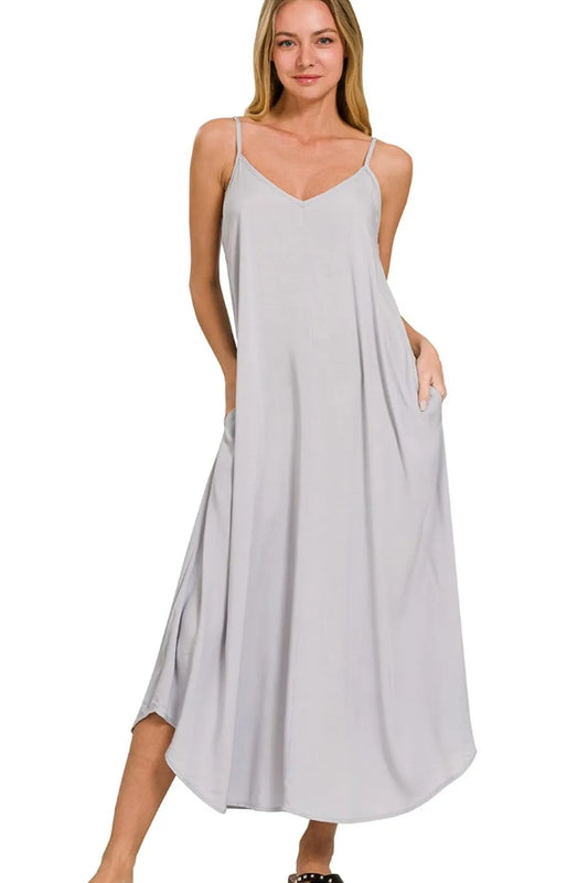 Zenana Woven Arc Hem Cami Dress With Flowy Pockets LT GREY