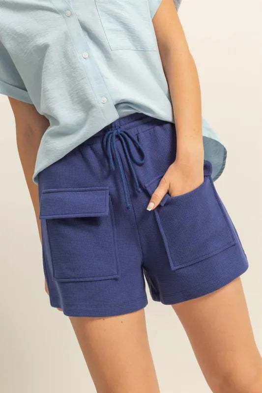 HYFVE Drawstring Waffle Knit Front Pocket Shorts Dark Blue